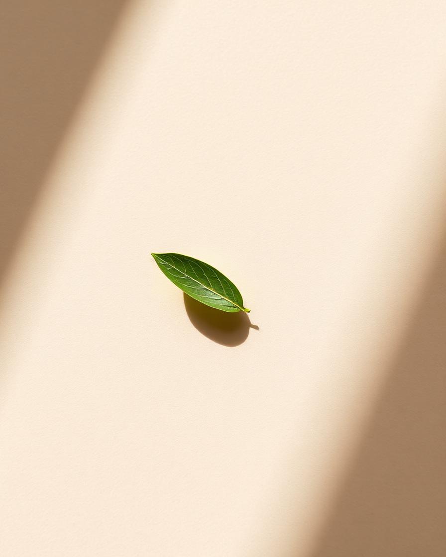A single green leaf casting a soft shadow on warm cream paper